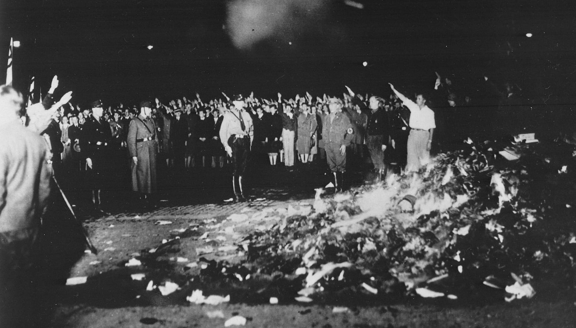 A picture of book burnings at the Bebelplatz square in Berlin on May 10, 1933, after the Nazis have come to power in Germany